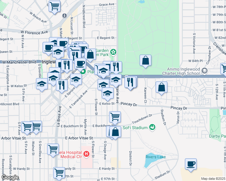 map of restaurants, bars, coffee shops, grocery stores, and more near 818 East Nutwood Street in Inglewood