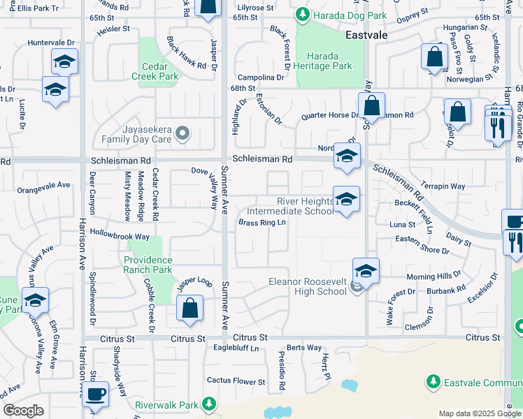map of restaurants, bars, coffee shops, grocery stores, and more near 7090 Cottage Grove Drive in Corona