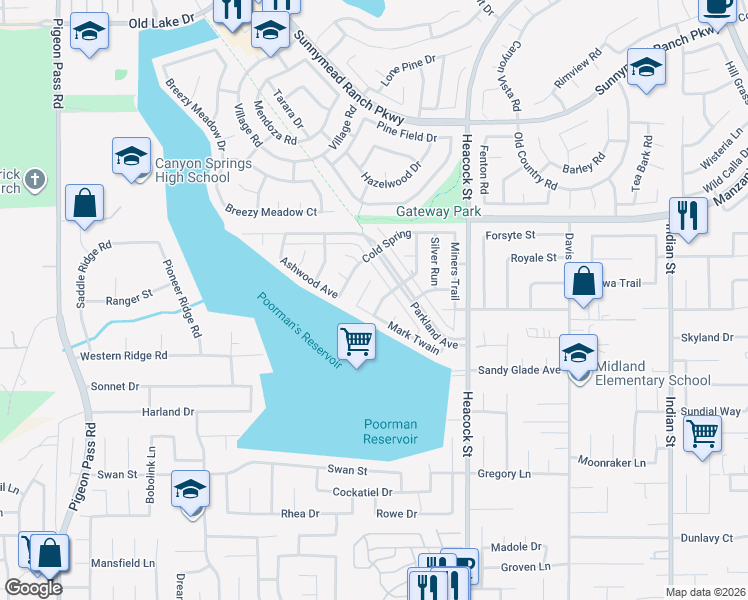 map of restaurants, bars, coffee shops, grocery stores, and more near 11357 Red Hill Road in Moreno Valley