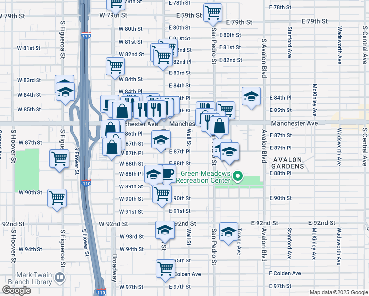 map of restaurants, bars, coffee shops, grocery stores, and more near 151 East 87th Place in Los Angeles
