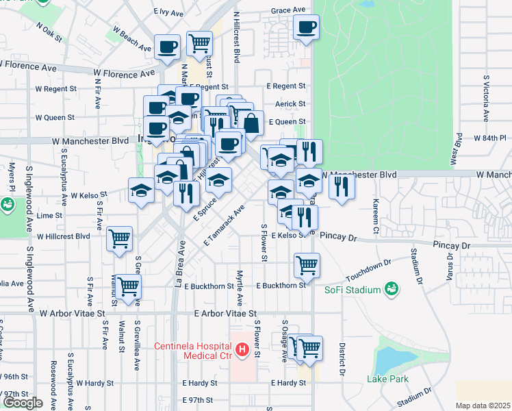 map of restaurants, bars, coffee shops, grocery stores, and more near 716 East Nutwood Street in Inglewood