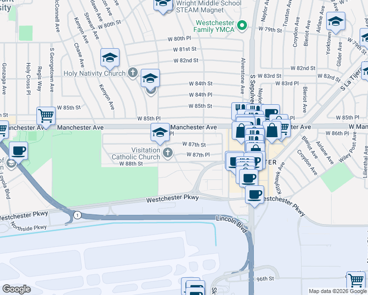 map of restaurants, bars, coffee shops, grocery stores, and more near 6522 West 87th Street in Los Angeles