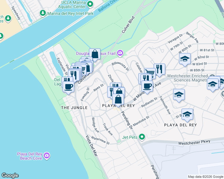 map of restaurants, bars, coffee shops, grocery stores, and more near 8301 Zitola Terrace in Los Angeles