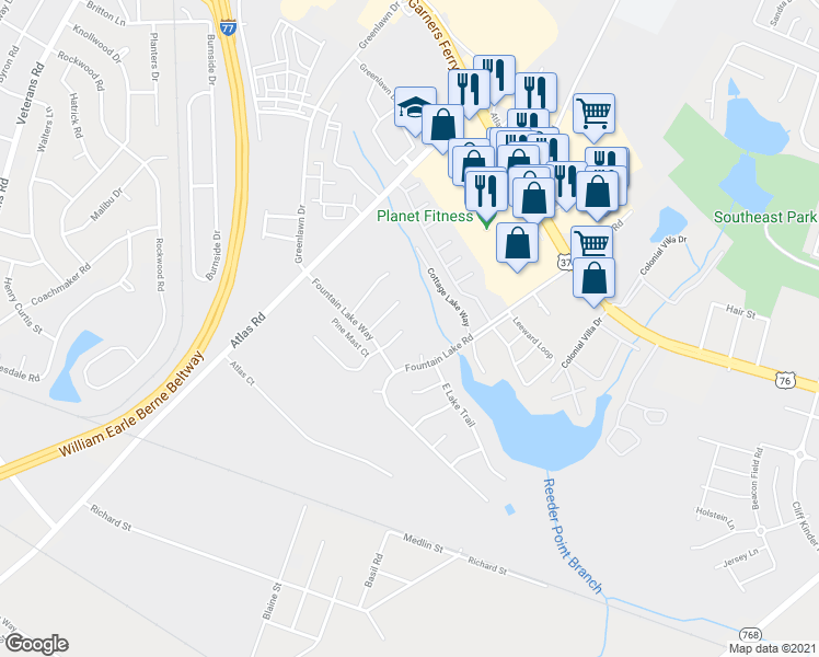 map of restaurants, bars, coffee shops, grocery stores, and more near 76 Springway Drive in Columbia