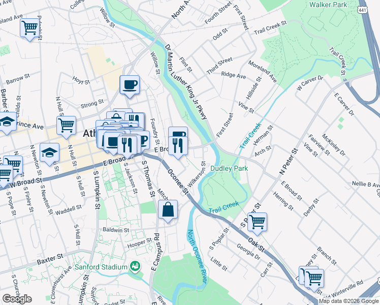 map of restaurants, bars, coffee shops, grocery stores, and more near 910 East Broad Street in Athens
