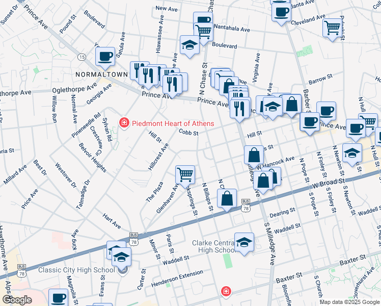 map of restaurants, bars, coffee shops, grocery stores, and more near 834 Hill Street in Athens