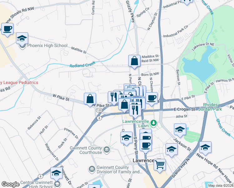 map of restaurants, bars, coffee shops, grocery stores, and more near 305 West Oak Street in Lawrenceville