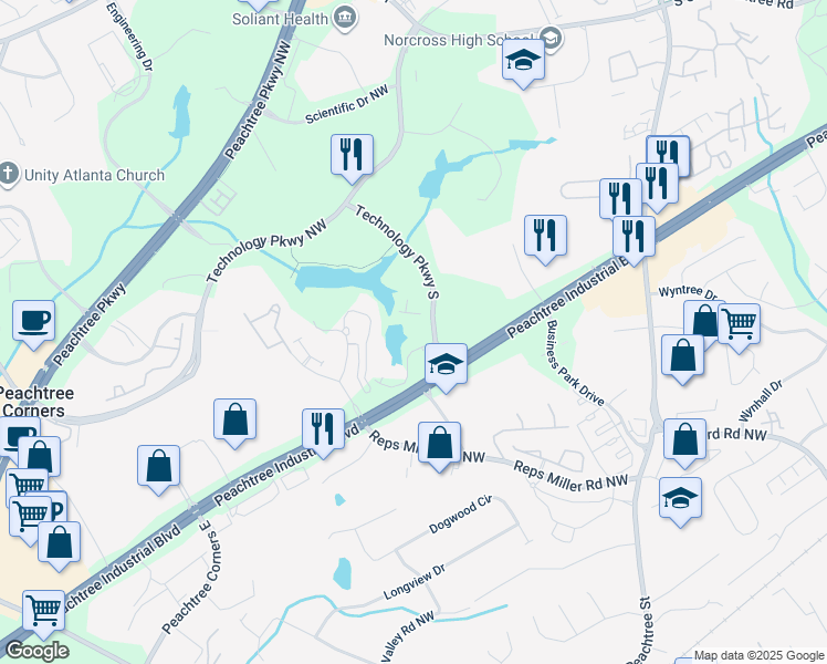 map of restaurants, bars, coffee shops, grocery stores, and more near 15 Technology Pkwy S in Norcross