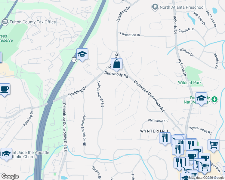 map of restaurants, bars, coffee shops, grocery stores, and more near 5384 Redfield Circle in Dunwoody