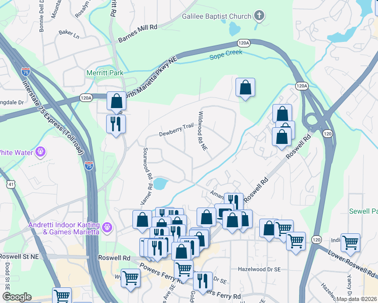 map of restaurants, bars, coffee shops, grocery stores, and more near 310 Ridgeland Terrace in Marietta