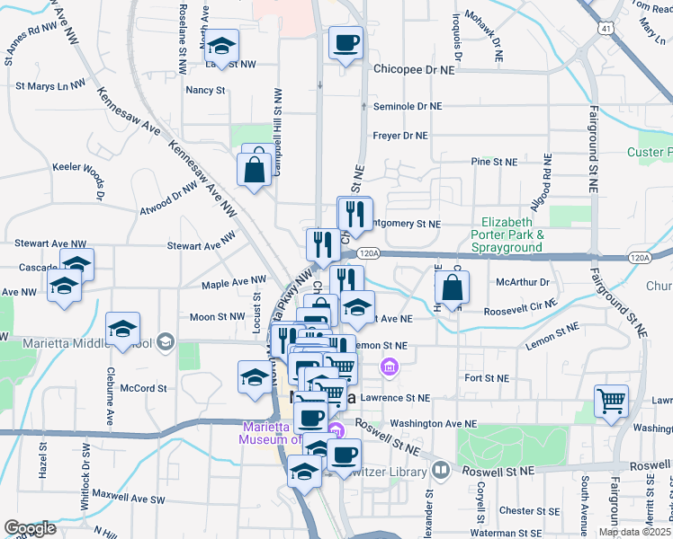 map of restaurants, bars, coffee shops, grocery stores, and more near 281 Cherokee Street Northeast in Marietta