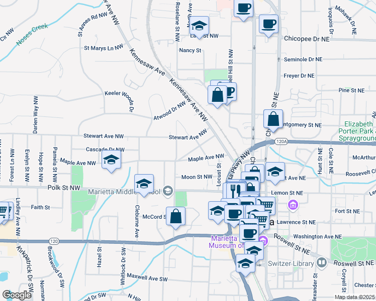 map of restaurants, bars, coffee shops, grocery stores, and more near 116 Holland Street Northwest in Marietta