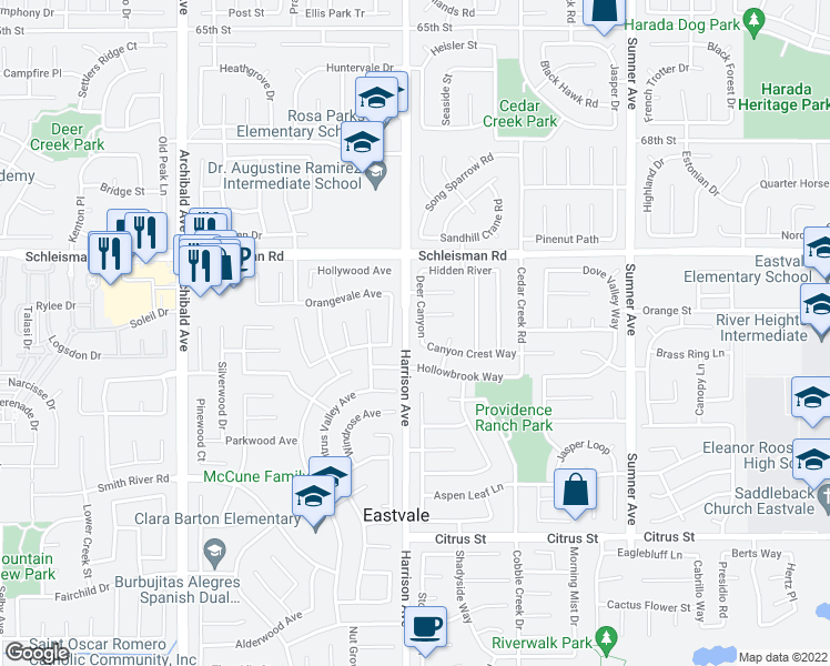 map of restaurants, bars, coffee shops, grocery stores, and more near 7131 Deer Canyon in Corona