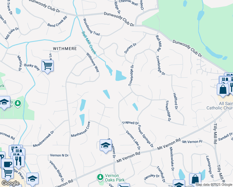 map of restaurants, bars, coffee shops, grocery stores, and more near 1687 Houghton Court North in Dunwoody