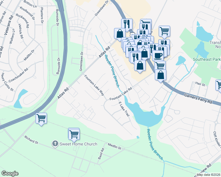 map of restaurants, bars, coffee shops, grocery stores, and more near 76 Springway Drive in Columbia