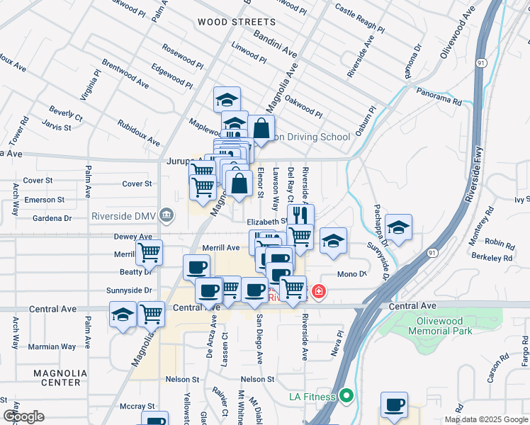 map of restaurants, bars, coffee shops, grocery stores, and more near 6168 Elenor Street in Riverside