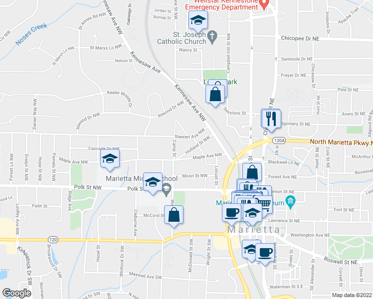 map of restaurants, bars, coffee shops, grocery stores, and more near 116 Holland Street Northwest in Marietta