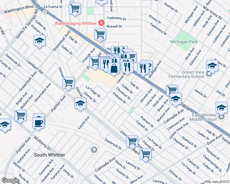 map of restaurants, bars, coffee shops, grocery stores, and more near 13627 Chestnut Street in Whittier