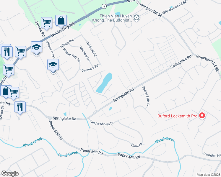map of restaurants, bars, coffee shops, grocery stores, and more near 547 Pond Lillies Road Southeast in Lawrenceville