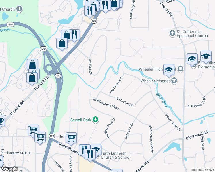 map of restaurants, bars, coffee shops, grocery stores, and more near 324 Weatherstone Lane in Marietta