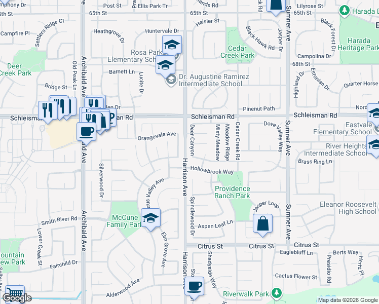 map of restaurants, bars, coffee shops, grocery stores, and more near 7131 Deer Canyon in Corona