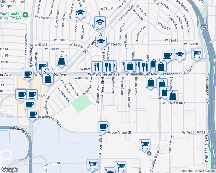 map of restaurants, bars, coffee shops, grocery stores, and more near 8655 Belford Avenue in Los Angeles