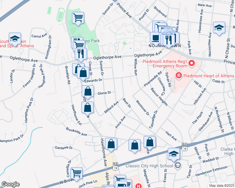 map of restaurants, bars, coffee shops, grocery stores, and more near 325 Best Drive in Athens
