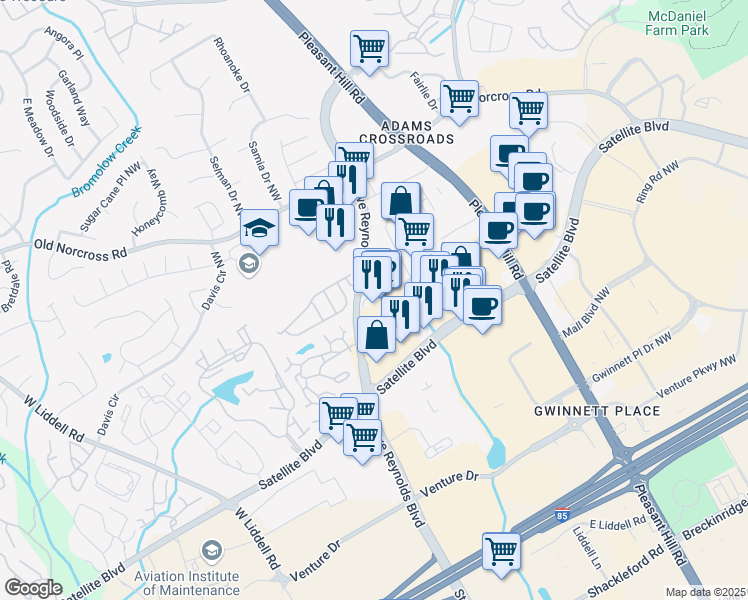 map of restaurants, bars, coffee shops, grocery stores, and more near 3182 Steve Reynolds Boulevard in Duluth