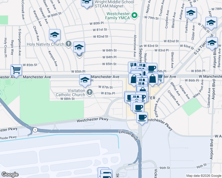 map of restaurants, bars, coffee shops, grocery stores, and more near 6447 West 87th Street in Los Angeles