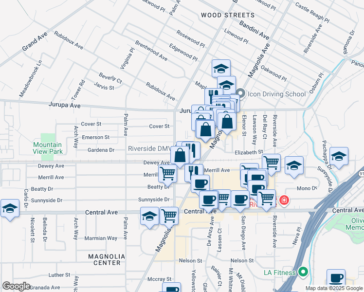 map of restaurants, bars, coffee shops, grocery stores, and more near 6199 Brockton Avenue in Riverside