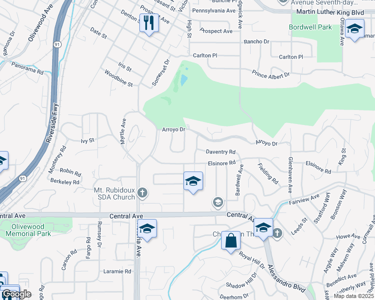 map of restaurants, bars, coffee shops, grocery stores, and more near 5170 Palisade Circle in Riverside
