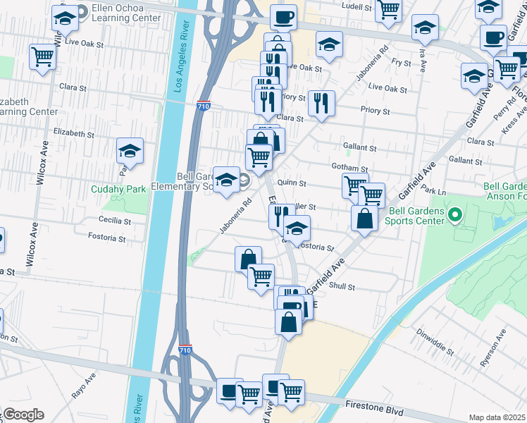 map of restaurants, bars, coffee shops, grocery stores, and more near 5663 Muller Street in Bell Gardens