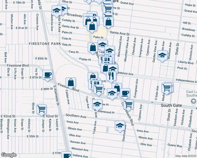 map of restaurants, bars, coffee shops, grocery stores, and more near 2739 Orchard Place in South Gate