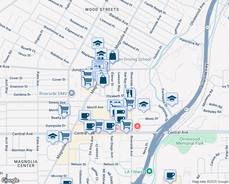 map of restaurants, bars, coffee shops, grocery stores, and more near 6168 Elenor Street in Riverside