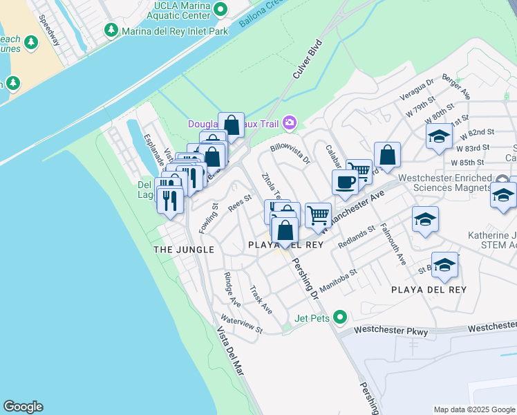 map of restaurants, bars, coffee shops, grocery stores, and more near 418 Rees Street in Los Angeles