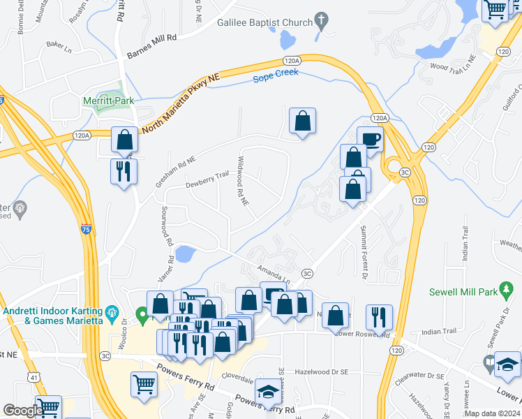 map of restaurants, bars, coffee shops, grocery stores, and more near 1575 Wildwood Road Northeast in Marietta