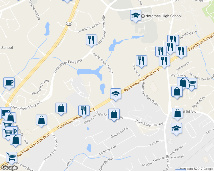 map of restaurants, bars, coffee shops, grocery stores, and more near 15 Technology Parkway South in Norcross