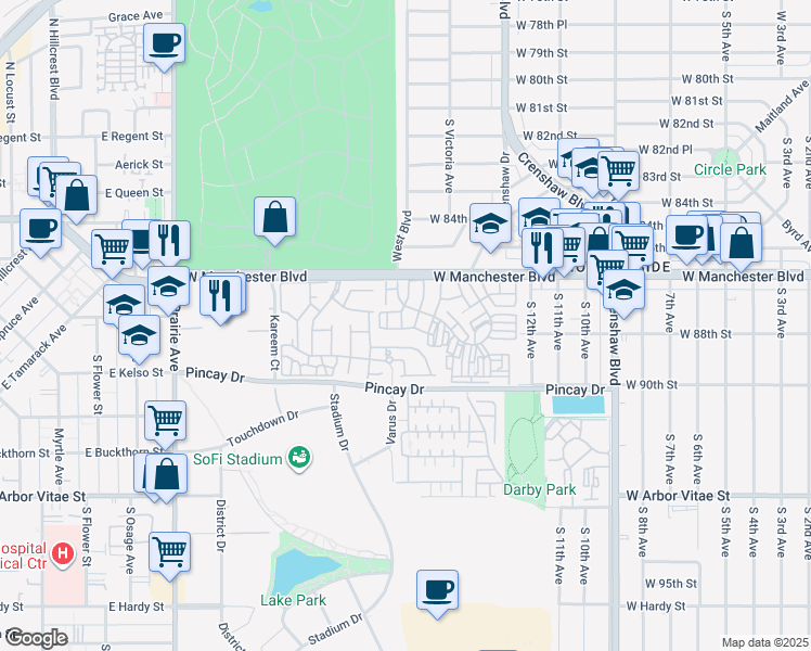 map of restaurants, bars, coffee shops, grocery stores, and more near 3500 West Manchester Boulevard in Inglewood