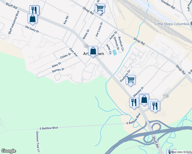 map of restaurants, bars, coffee shops, grocery stores, and more near 1935 Bluff Road in Columbia
