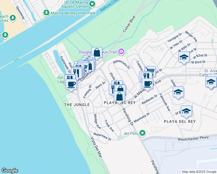 map of restaurants, bars, coffee shops, grocery stores, and more near 425 Sunridge Street in Los Angeles