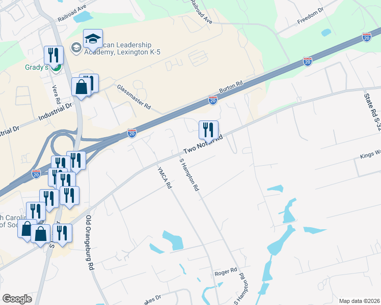 map of restaurants, bars, coffee shops, grocery stores, and more near 1165 Two Notch Road in Lexington
