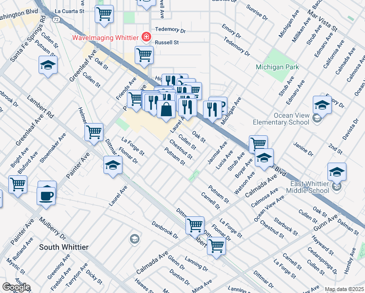 map of restaurants, bars, coffee shops, grocery stores, and more near 13627 Chestnut Street in Whittier