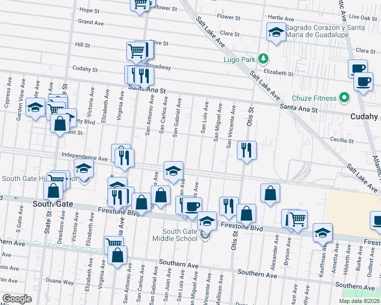 map of restaurants, bars, coffee shops, grocery stores, and more near 8433 San Luis Avenue in South Gate