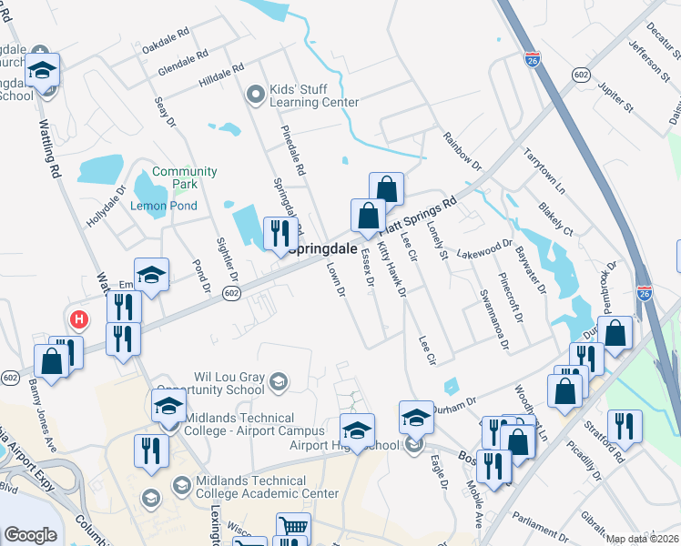 map of restaurants, bars, coffee shops, grocery stores, and more near 1107 Lown Drive in West Columbia
