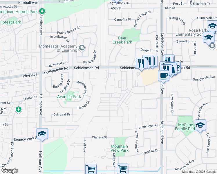 map of restaurants, bars, coffee shops, grocery stores, and more near 7069 Vernazza Place in Eastvale
