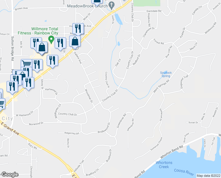 map of restaurants, bars, coffee shops, grocery stores, and more near 514 Country Club Place in Gadsden