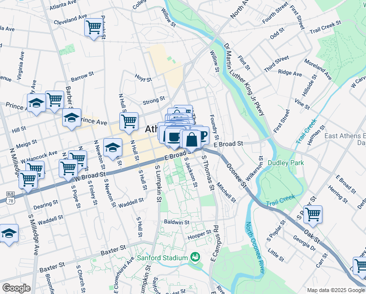 map of restaurants, bars, coffee shops, grocery stores, and more near North Jackson Street in Athens