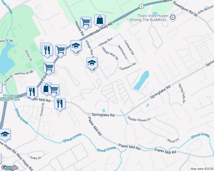 map of restaurants, bars, coffee shops, grocery stores, and more near 463 Springbottom Court Southeast in Lawrenceville