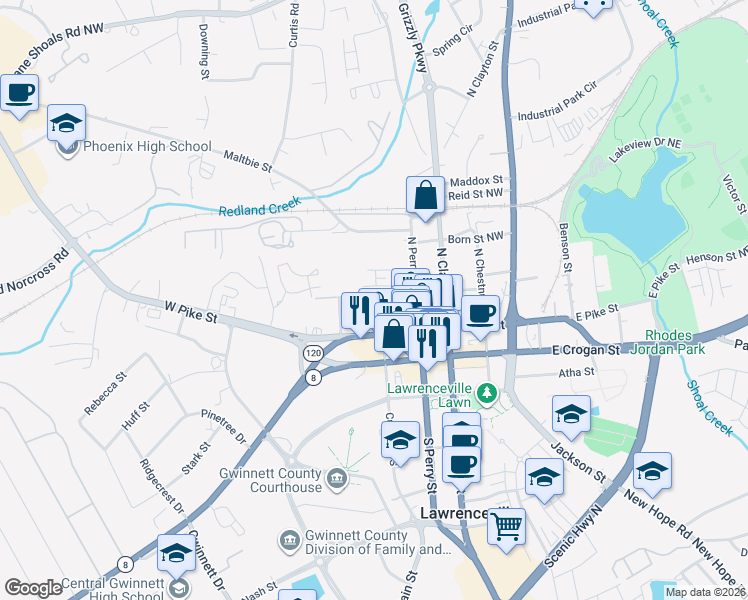 map of restaurants, bars, coffee shops, grocery stores, and more near 305 West Oak Street in Lawrenceville