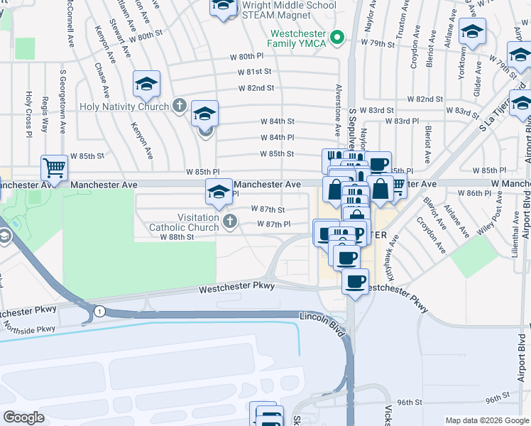 map of restaurants, bars, coffee shops, grocery stores, and more near 6456 West 87th Street in Los Angeles